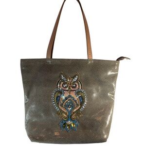 Sharif Snakeskin Print Taupe Leather Tote Bag Embellished Owl plus Cosmetic Bag